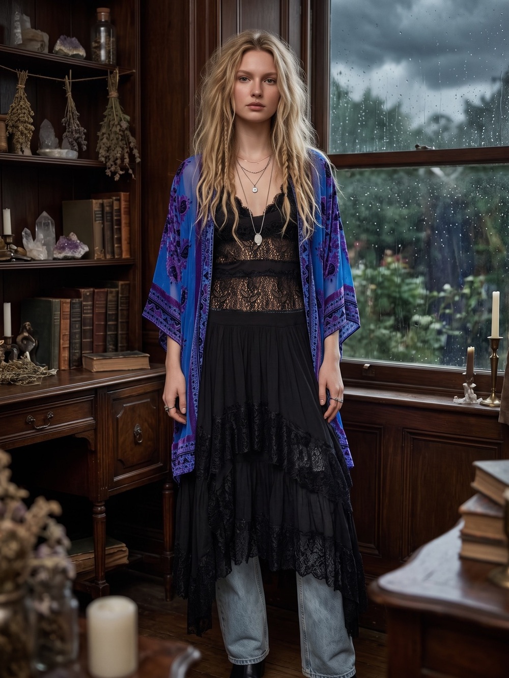 Free People Witchy Bohemian Muse Burn Out Velvet Devore Kimono Purple Blue OS - Picture 5 of 10